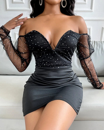 Women Strapless Mesh Splicing Long Sleeve Mini Dress Bodycon Fashion