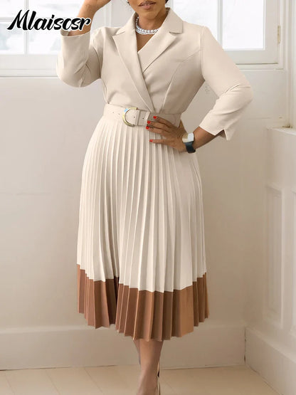 Elegant Long Sleeve Solid High Waist A Line Pleated Dress with Belt Women Office Lady  Birthday Evening Vestidos