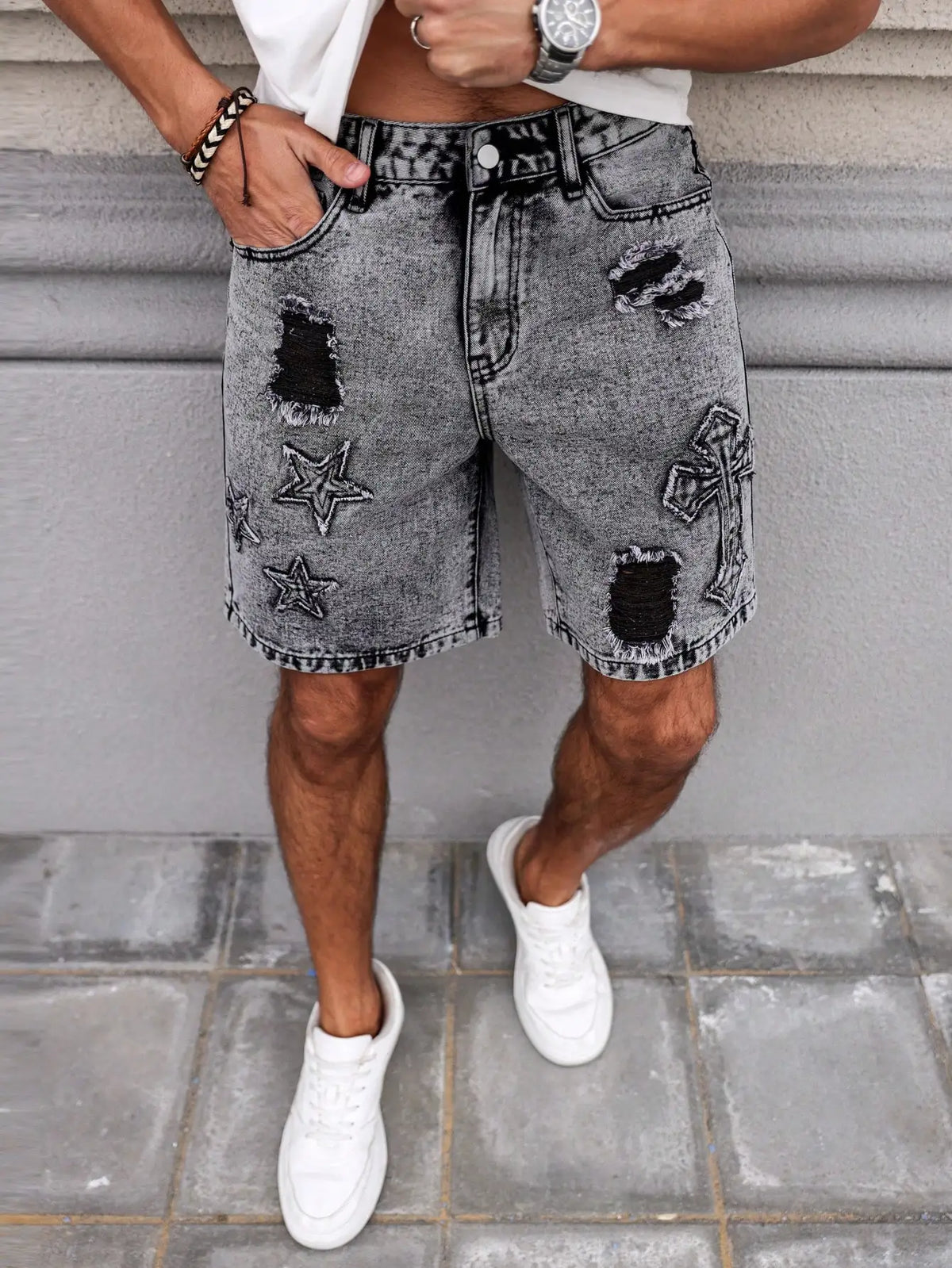 Men's Summer Denim Shorts. Straight-leg fit. Ripped design. Dark gray denim embroidered shorts