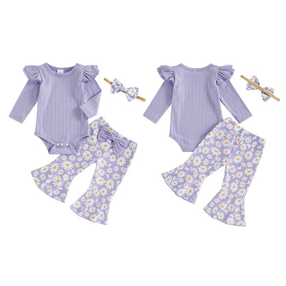 Baby Girl 3Pcs Fall Outfit Long Sleeve Ribbed Romper Daisy Flower Flare Pants Bow Headband Set