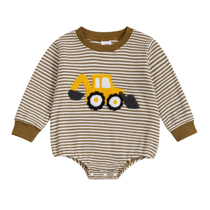Baby Boy Fall Bubble Romper Casual Digger Tractor Embroidery Striped Long Sleeve Jumpsuit Infant Cute Outfit