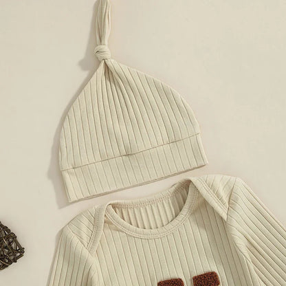 Baby Boy 2Pcs Lil Bro Jumpsuit and Hat Set Long Sleeve Round Neck Letter Print Ribbed Romper with Beanie Outfit