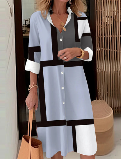 Autumn Elegant Long Sleeve Plaid Shirt Dress Flip Lapel Single Breasted Patchwork Dress Women's Comfortable Commuter Casual Robe