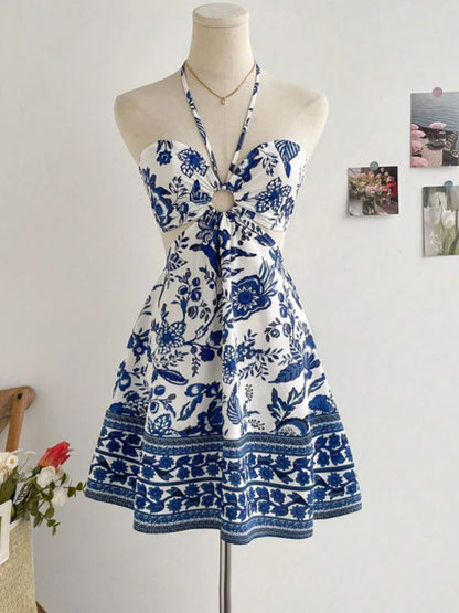 Women's Romantical Floral Print Halter Neck Fashionable Dress Easy to Create Lazy Stylish Vacation Style Dress