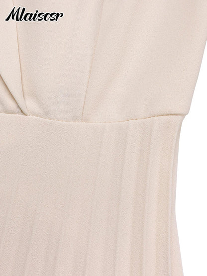 Elegant Long Sleeve Solid High Waist A Line Pleated Dress with Belt Women Office Lady  Birthday Evening Vestidos