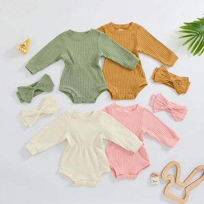 Baby Girls Spring Fall Solid Color Round Neck Long Sleeve Ribbed Romper Bow Headband Set