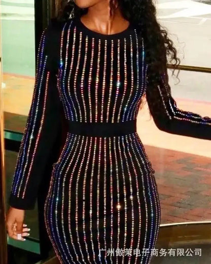 2026 Sequin Round Neck Women Dress Striped Solid Splice Party