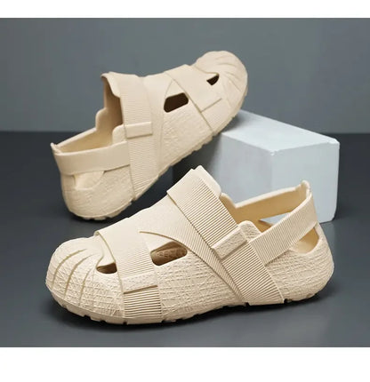 Summer Men's Outdoor Hollow Sandals Flat Bottom Non Slip Women's Garden Beach Breathable Soft Bottom Sneakers Large Sandals