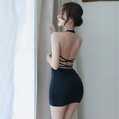 Dress Deep V-Neck Slim Hot Backless Mini Dress Female Bandage Halter Patchwork Mini Vestidos