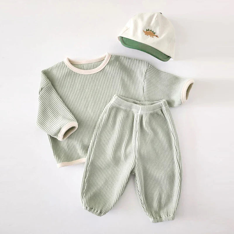 Baby Boys Girls 2Pcs Long Sleeve Waffle Cotton Pullover Crewneck Top + Pants Jogger Set Outfit