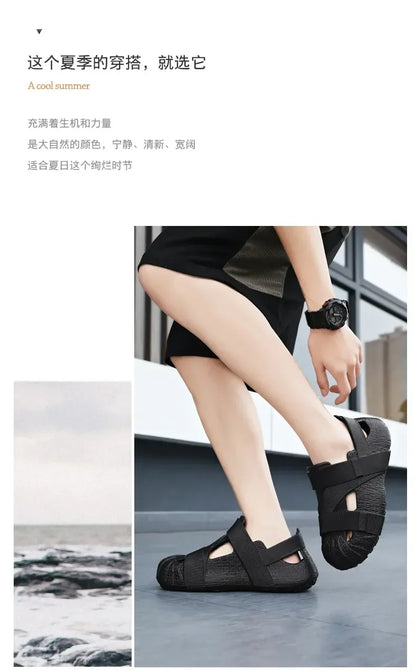 Summer Men's Outdoor Hollow Sandals Flat Bottom Non Slip Women's Garden Beach Breathable Soft Bottom Sneakers Large Sandals