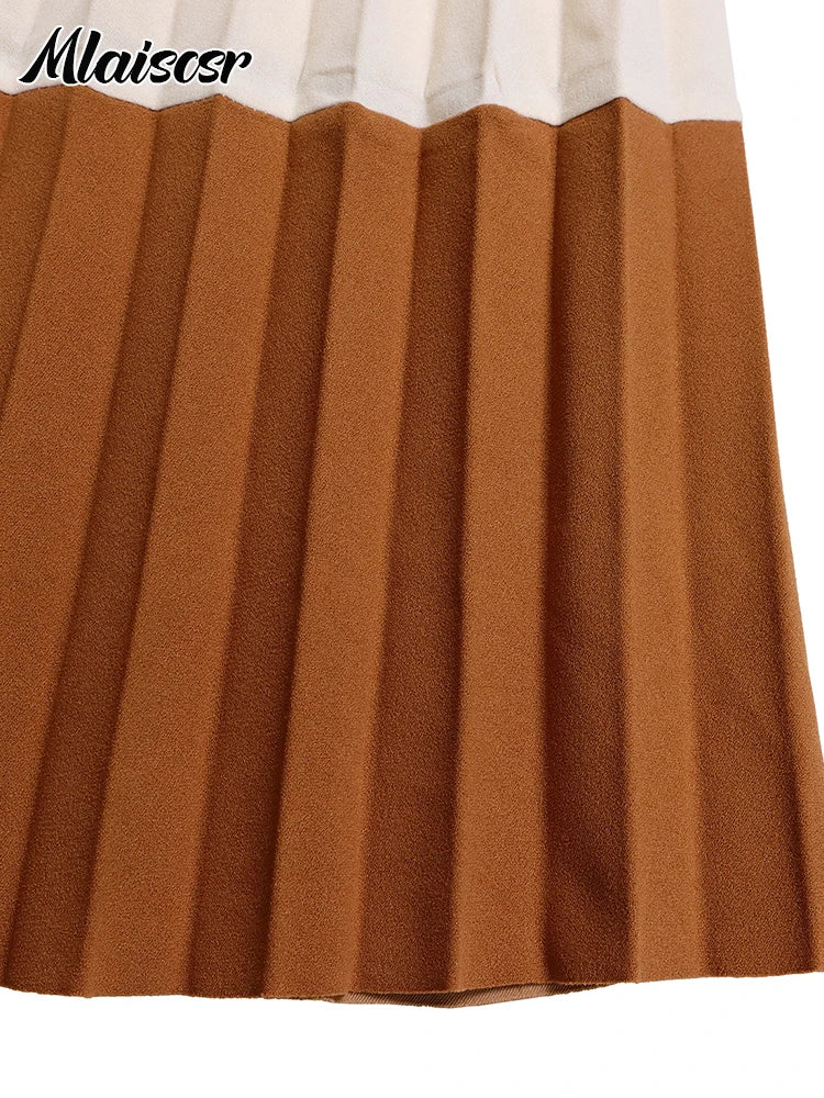 Elegant Long Sleeve Solid High Waist A Line Pleated Dress with Belt Women Office Lady  Birthday Evening Vestidos