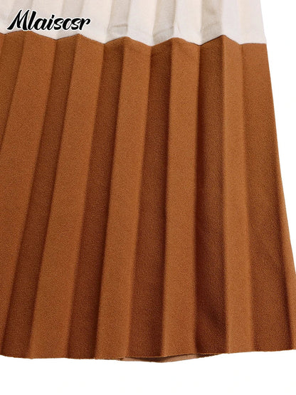 Elegant Long Sleeve Solid High Waist A Line Pleated Dress with Belt Women Office Lady  Birthday Evening Vestidos