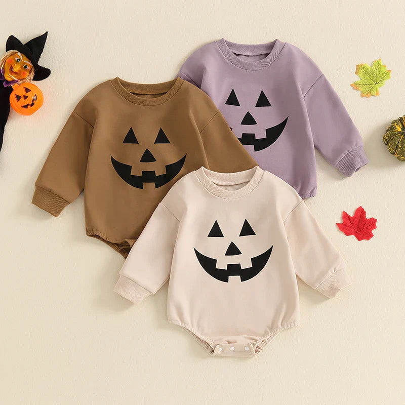 Baby Girls Boys Halloween Romper Casual Pumpkin Jack O Lantern Face Print Round Neck Long Sleeve Jumpsuit