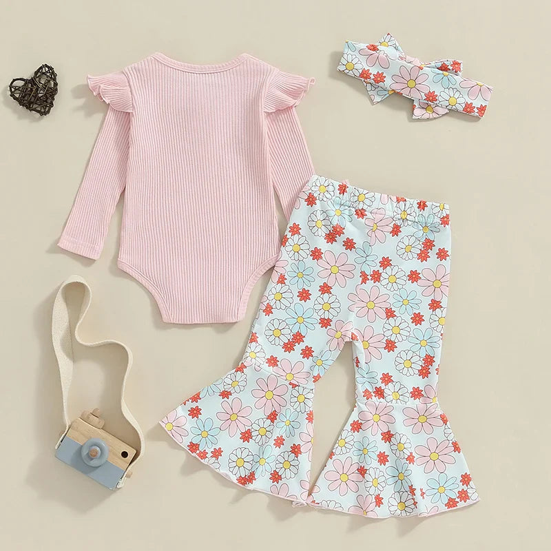 Baby Girls 3Pcs Fall Outfit Ruffle Ribbed Long Sleeve Romper Flower Flare Pants Tie Headband Set