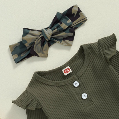 Baby Girls 3Pcs Fall Outfit Long Sleeve Ribbed Solid Color Romper Camouflage Print Flared Long Pants Headband Set