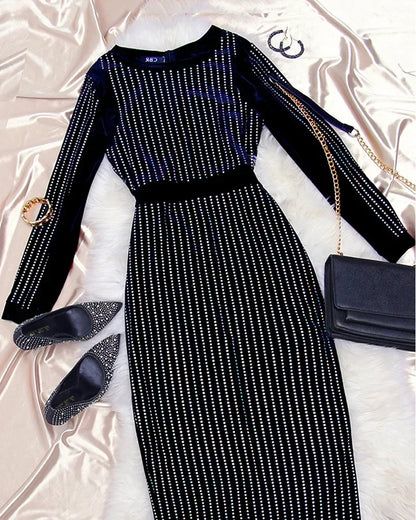 2026 Sequin Round Neck Women Dress Striped Solid Splice Party