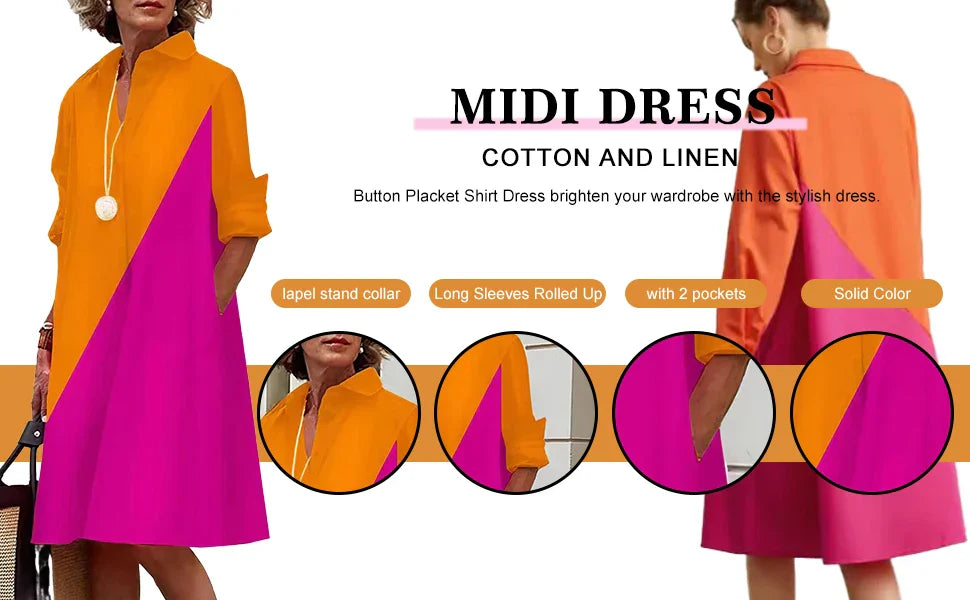 Autumn Elegant Long Sleeve Plaid Shirt Dress Flip Lapel Single Breasted Patchwork Dress Women's Comfortable Commuter Casual Robe