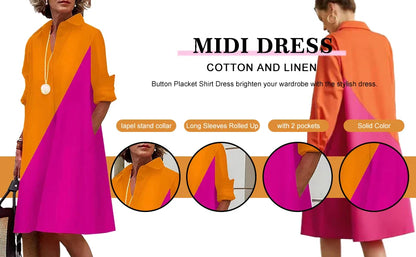 Autumn Elegant Long Sleeve Plaid Shirt Dress Flip Lapel Single Breasted Patchwork Dress Women's Comfortable Commuter Casual Robe