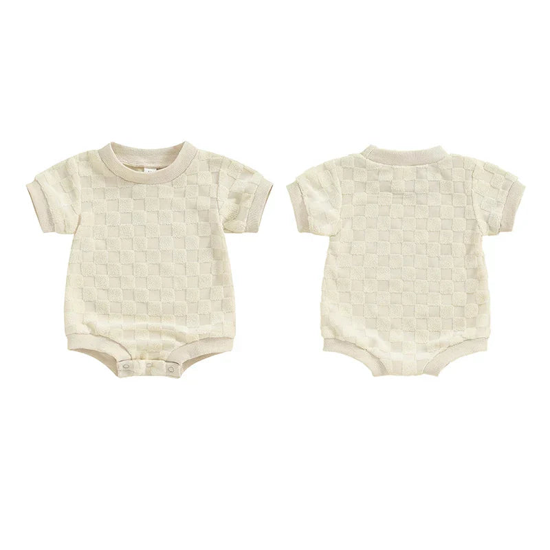 Baby Boys Girls Bodysuit Short Sleeve Crew Neck Checkerboard Summer Playsuit Romper