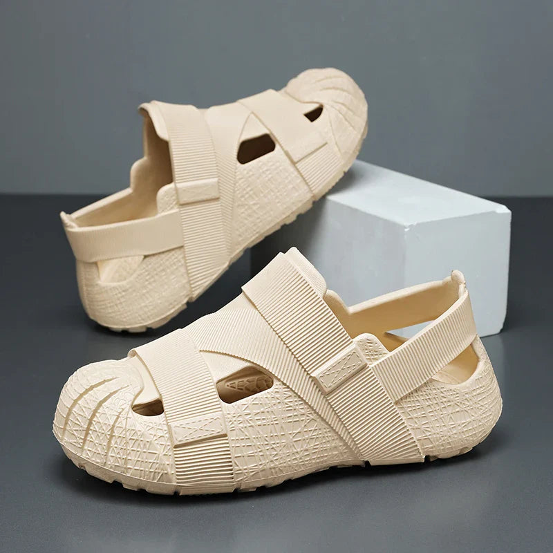 Summer Men's Outdoor Hollow Sandals Flat Bottom Non Slip Women's Garden Beach Breathable Soft Bottom Sneakers Large Sandals