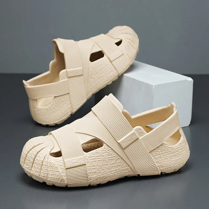 Summer Men's Outdoor Hollow Sandals Flat Bottom Non Slip Women's Garden Beach Breathable Soft Bottom Sneakers Large Sandals