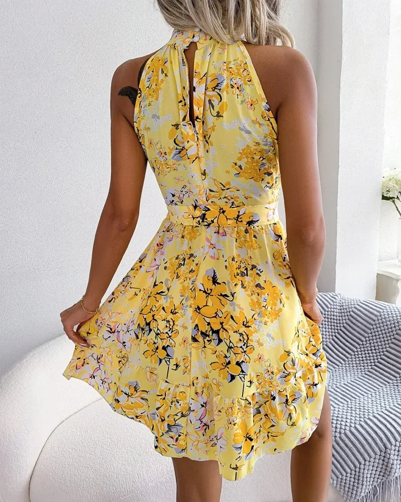 Spring Summer Floral Halter Neck Short Dresses Holiday Beach Sundress Casual Halter Short Dresses Clothes Women