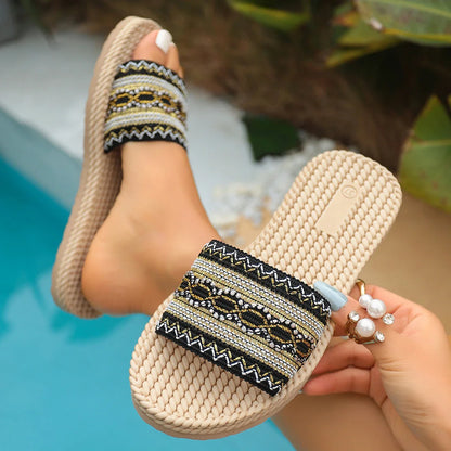 2026 New Summer Women Slippers Beach Fashion Sandals Ethnic Style Round Toe Casual Comfortable Flat Slippers Women Big Size 43