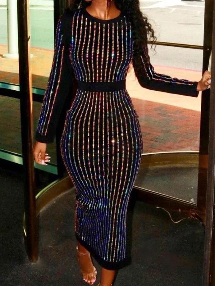 2026 Sequin Round Neck Women Dress Striped Solid Splice Party