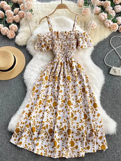Summer 2026 Midi Dress Women Casual Off Shoulder Short Sleeve Vacation Beach Robe Female Clothing