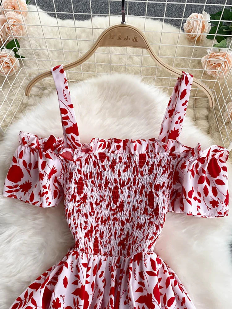 Summer 2026 Midi Dress Women Casual Off Shoulder Short Sleeve Vacation Beach Robe Female Clothing