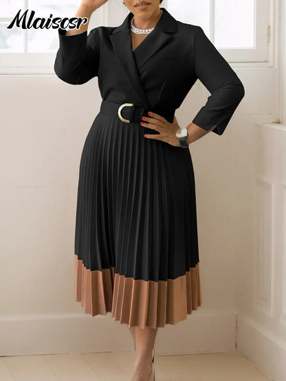 Elegant Long Sleeve Solid High Waist A Line Pleated Dress with Belt Women Office Lady  Birthday Evening Vestidos