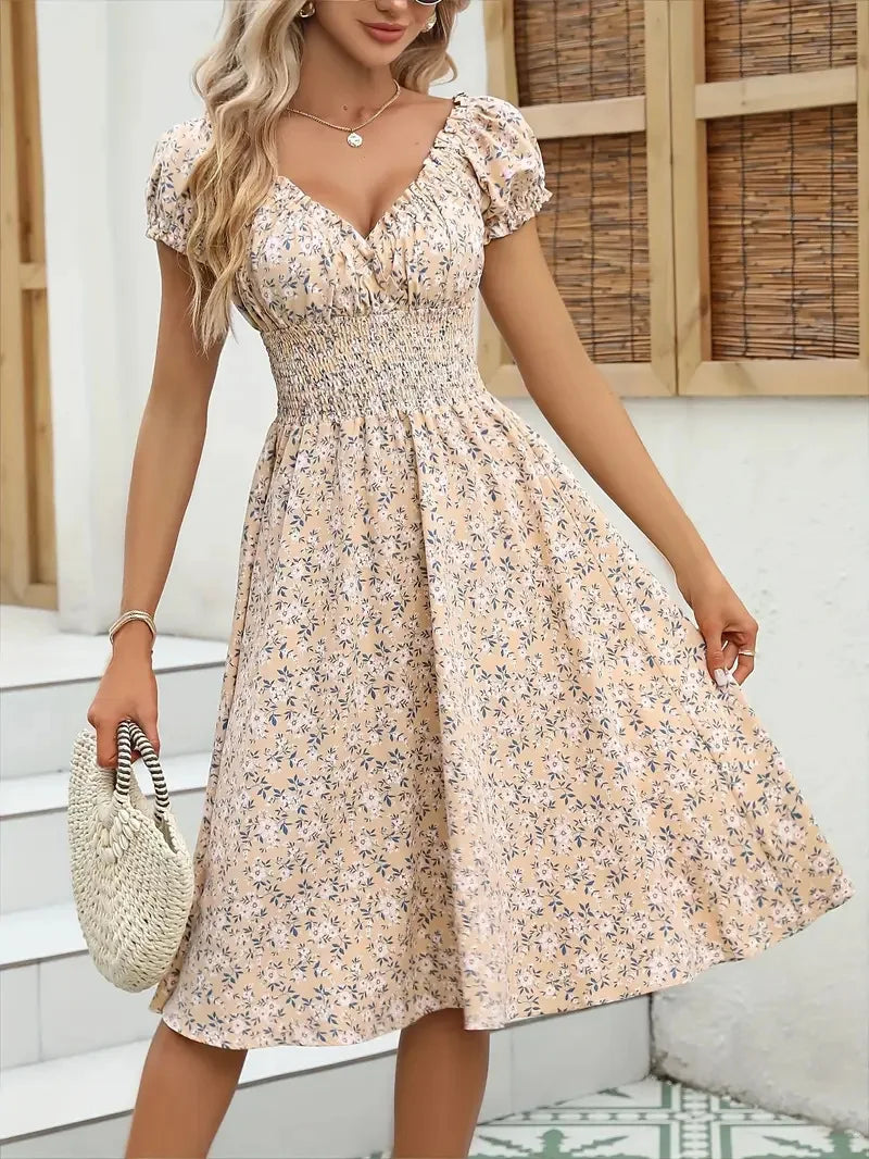 2026 Summer New Vintage Floral Bubble Sleeve French Dress