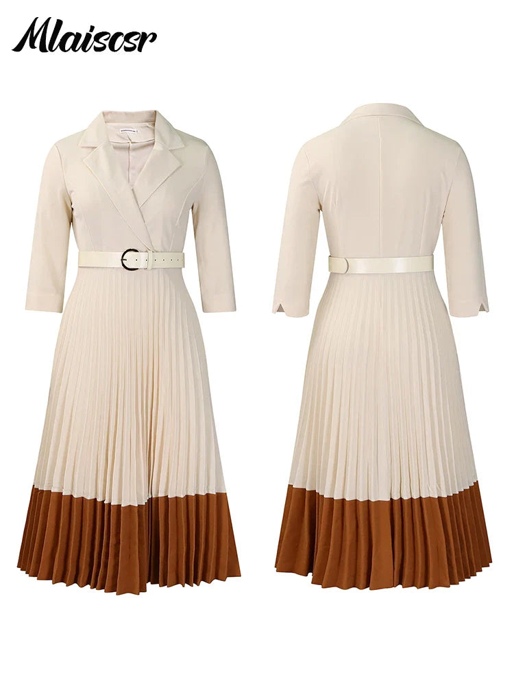 Elegant Long Sleeve Solid High Waist A Line Pleated Dress with Belt Women Office Lady  Birthday Evening Vestidos