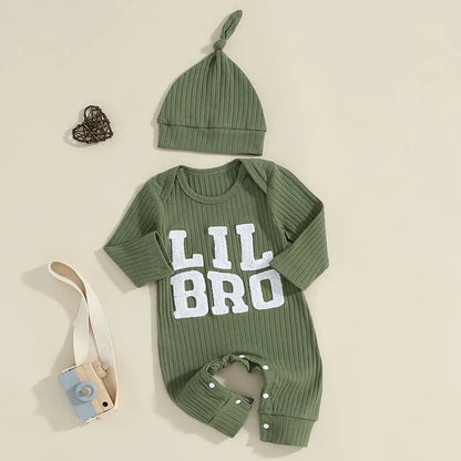 Baby Boy 2Pcs Lil Bro Jumpsuit and Hat Set Long Sleeve Round Neck Letter Print Ribbed Romper with Beanie Outfit