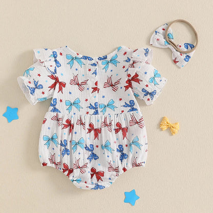 Baby Girl 2Pcs 4th of July Outfit Love Heart Star Pattern Ruffled Crew Neck Short Sleeve Romper & Bow Headband Set