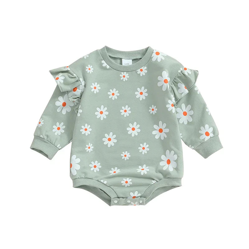 Baby Girl Bubble Romper Flower Daisy Print Round Neck Long Sleeve Jumpsuit