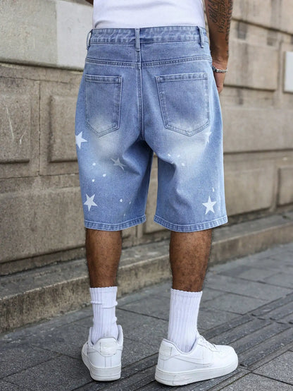 Men's blue denim shorts for spring and summer, with stars printed on the legs, are stylish and simple to match.