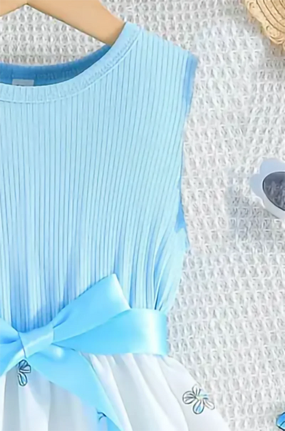 A Fresh And Cute Sleeveless Blue Floral Pattern Dress For Summer