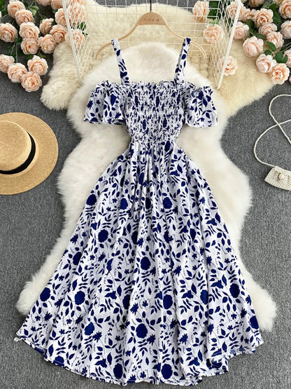 Summer 2026 Midi Dress Women Casual Off Shoulder Short Sleeve Vacation Beach Robe Female Clothing
