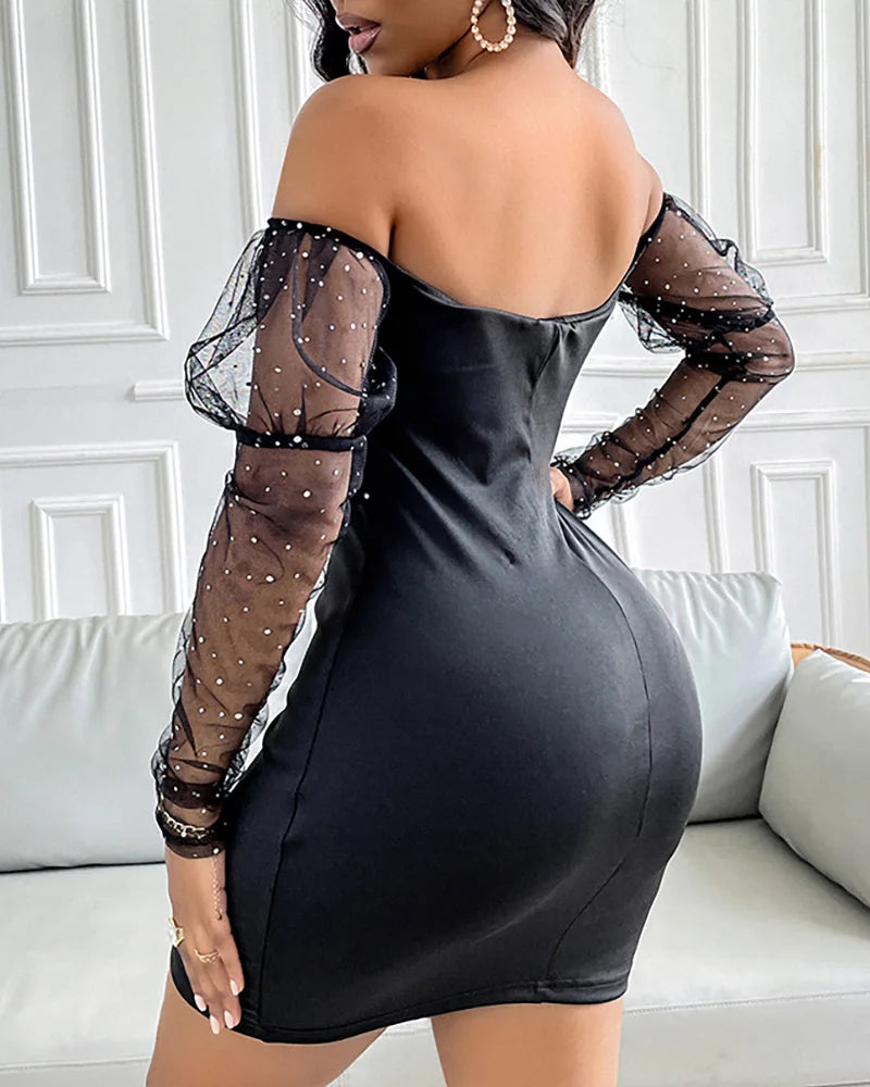 Women Strapless Mesh Splicing Long Sleeve Mini Dress Bodycon Fashion