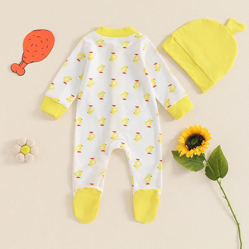 Baby Boys Girls 2Pcs Duck Outfit Long Sleeve Full Length Footed Jumpsuit Romper Duck Hat Set