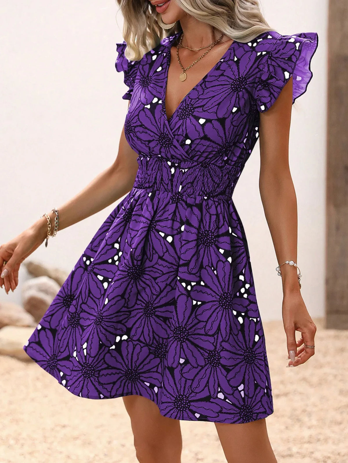 Fashion V-Neck Printed Dress Women's Petal Sleeve Mini Dresses Summer Party A-Line Dress Vestidos