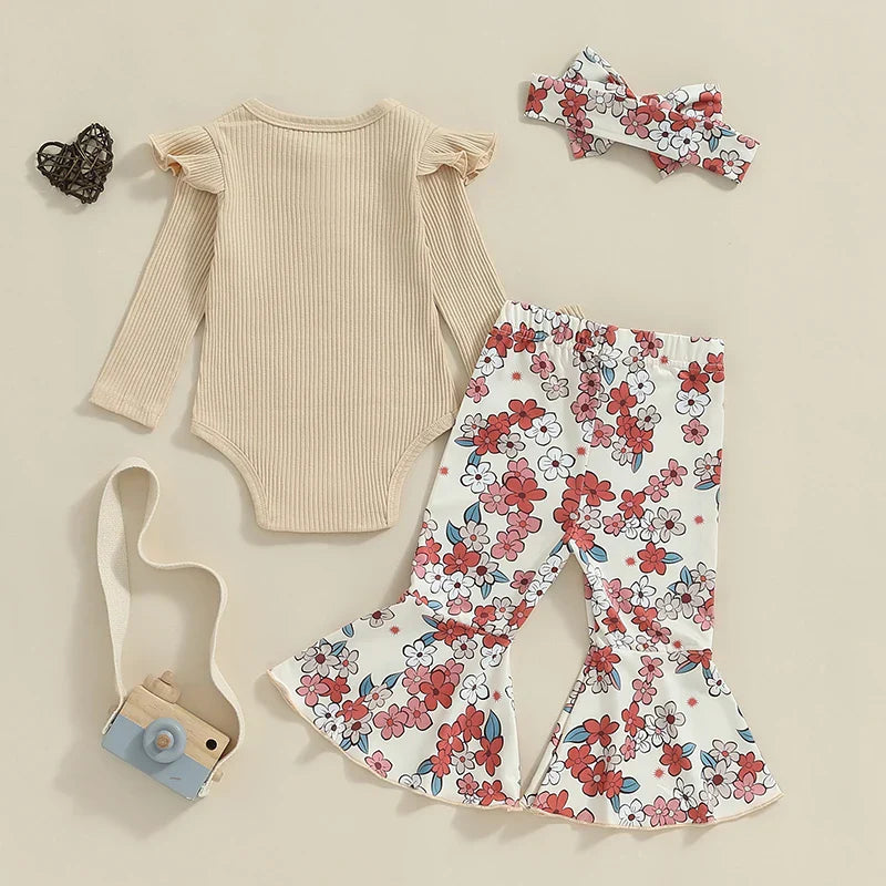 Baby Girls 3Pcs Fall Outfit Ruffle Ribbed Long Sleeve Romper Flower Flare Pants Tie Headband Set
