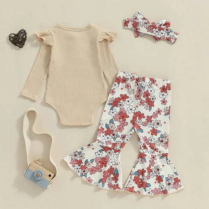 Baby Girls 3Pcs Fall Outfit Ruffle Ribbed Long Sleeve Romper Flower Flare Pants Tie Headband Set