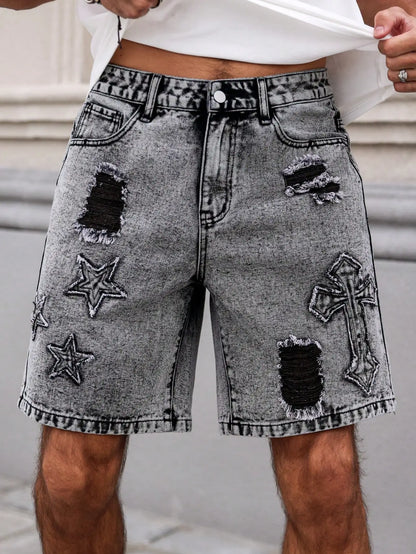 Men's Summer Denim Shorts. Straight-leg fit. Ripped design. Dark gray denim embroidered shorts