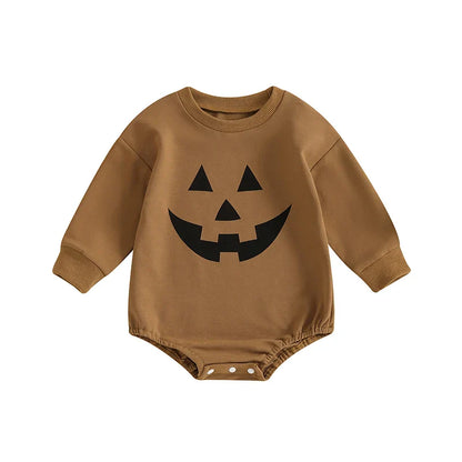 Baby Girls Boys Halloween Romper Casual Pumpkin Jack O Lantern Face Print Round Neck Long Sleeve Jumpsuit