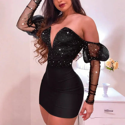Women Strapless Mesh Splicing Long Sleeve Mini Dress Bodycon Fashion