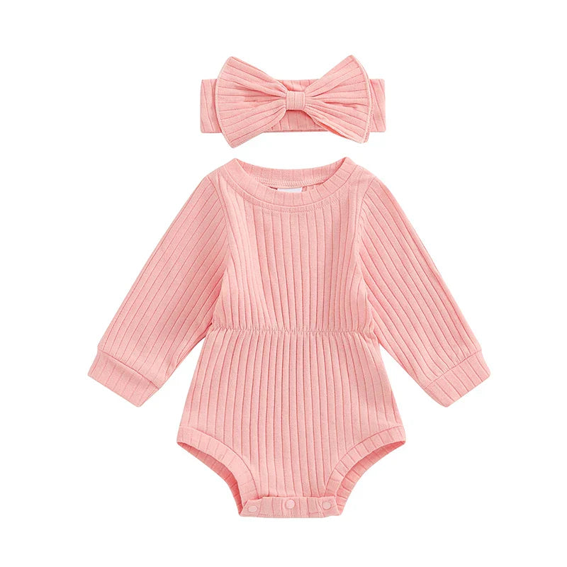 Baby Girls Spring Fall Solid Color Round Neck Long Sleeve Ribbed Romper Bow Headband Set