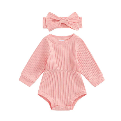 Baby Girls Spring Fall Solid Color Round Neck Long Sleeve Ribbed Romper Bow Headband Set